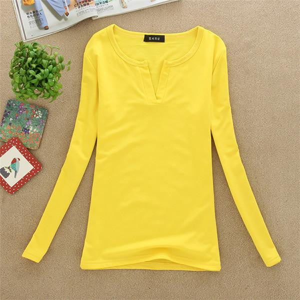 Online discount shop Australia - Factory Price New women basic V Neck Long Sleeve fitted plain top solid stretch shirt S-M