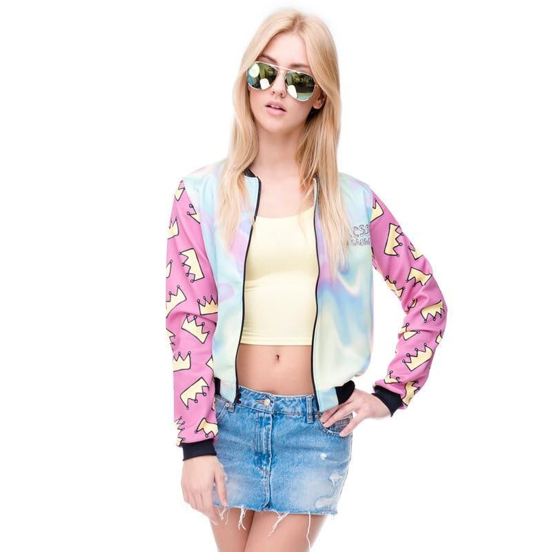 Women Bomber Jacket 3D Printed Princess Crown Outwear Coats University College chaquetas Basic Jackets