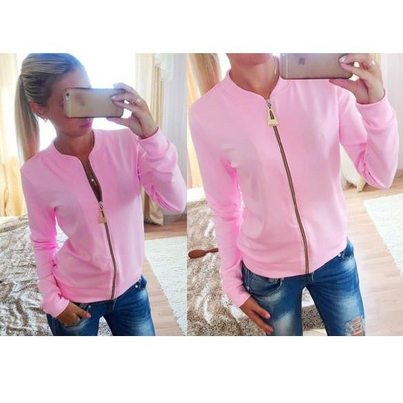 Women Jackets And Coats Solid Color Zipper Slim Fitness Thin Jacket O-neck Long Sleeve Outerwear Clothes