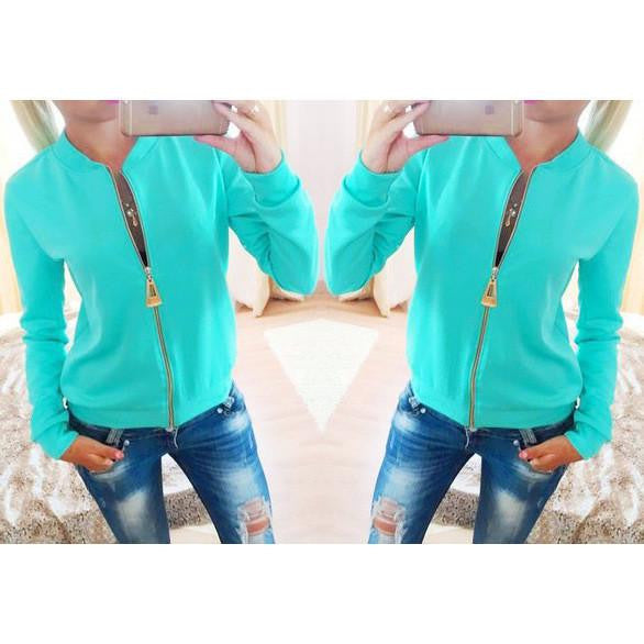 Women Jackets And Coats Solid Color Zipper Slim Fitness Thin Jacket O-neck Long Sleeve Outerwear Clothes