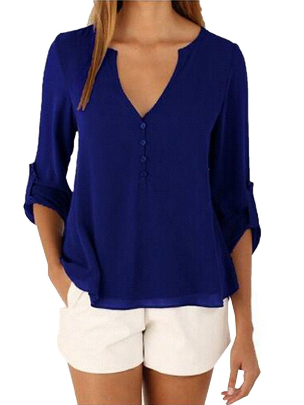Sheer V Neck Top Button High Low Shirt Blouse Loose Sheer Chiffon Casual Casual Shirt Women Elegant Office Wear Tops