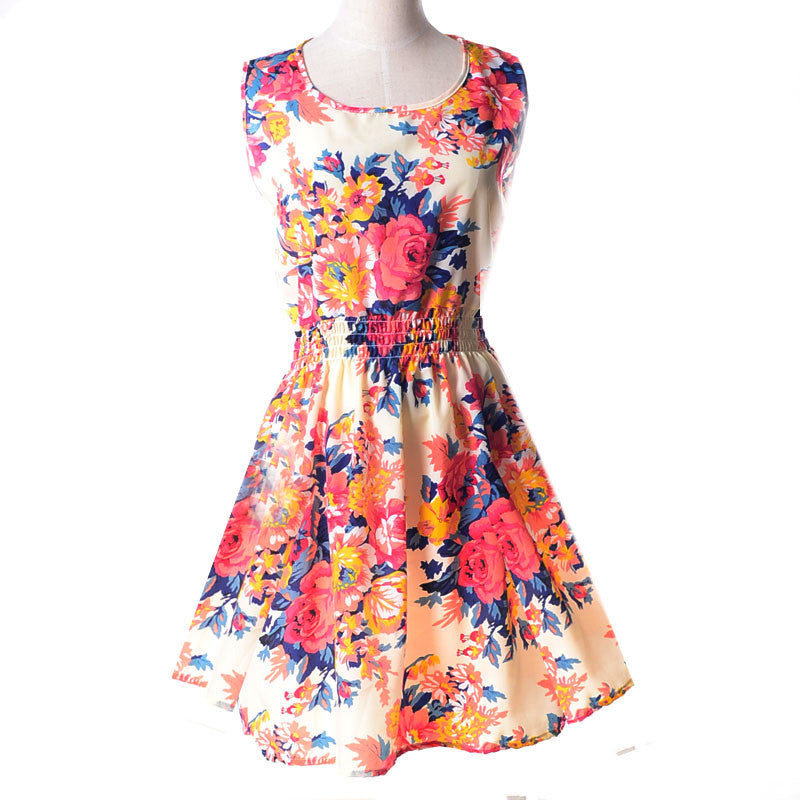 design summer dress Women casual Bohemian dress floral flower sleeveless vest printed beach chiffon top dress S092-Dollar Bargains Online Shopping Australia