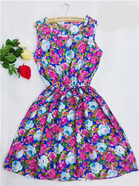 Online discount shop Australia - Fashion casual Women vestidos Sleeveless Round Neck Florals Print Dress Saias Femininas Summer Clothing
