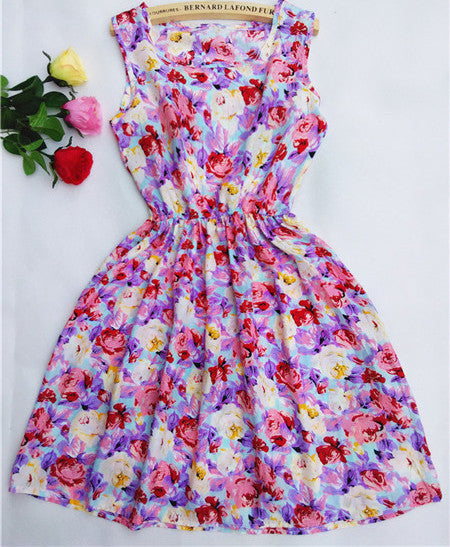 Online discount shop Australia - Fashion casual Women vestidos Sleeveless Round Neck Florals Print Dress Saias Femininas Summer Clothing