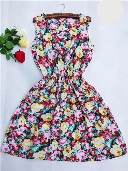 Online discount shop Australia - Fashion casual Women vestidos Sleeveless Round Neck Florals Print Dress Saias Femininas Summer Clothing