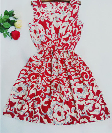 Online discount shop Australia - Fashion casual Women vestidos Sleeveless Round Neck Florals Print Dress Saias Femininas Summer Clothing