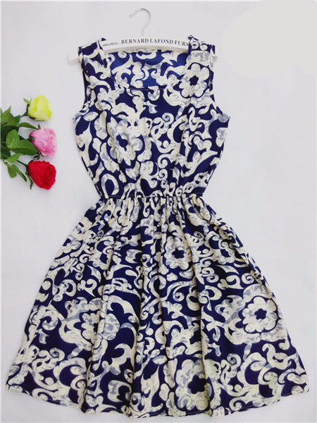 Online discount shop Australia - Fashion casual Women vestidos Sleeveless Round Neck Florals Print Dress Saias Femininas Summer Clothing