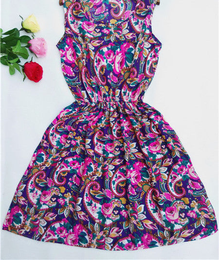 Online discount shop Australia - Fashion casual Women vestidos Sleeveless Round Neck Florals Print Dress Saias Femininas Summer Clothing