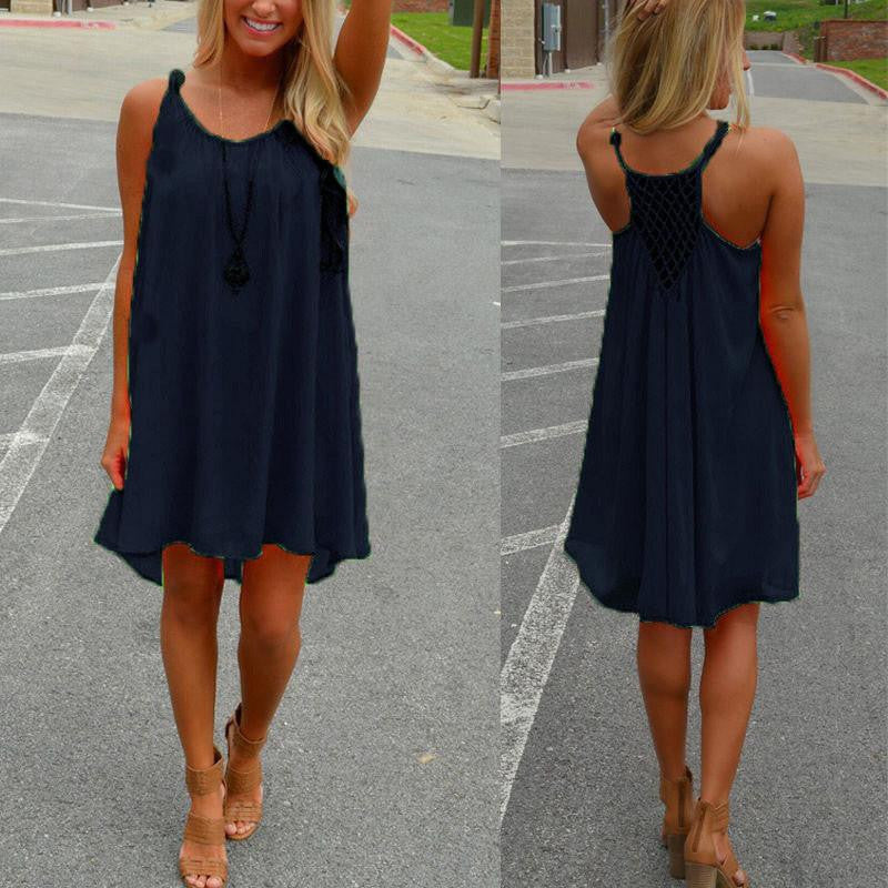 Summer Women Chiffon Short Dress Strap Sleeveless Hollow Back Beach Mini Dresses Loose Casual Vestidos 7 Colors