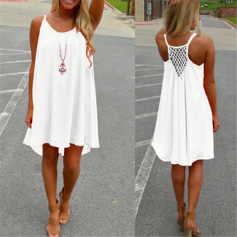 Summer Women Chiffon Short Dress Strap Sleeveless Hollow Back Beach Mini Dresses Loose Casual Vestidos 7 Colors