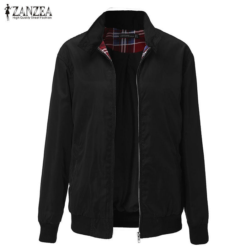 Outwear Women Casual Outerwear Long Sleeve Slim Tartan Lining Zippered Bomber Jacket Coat US Plus Size 4-22