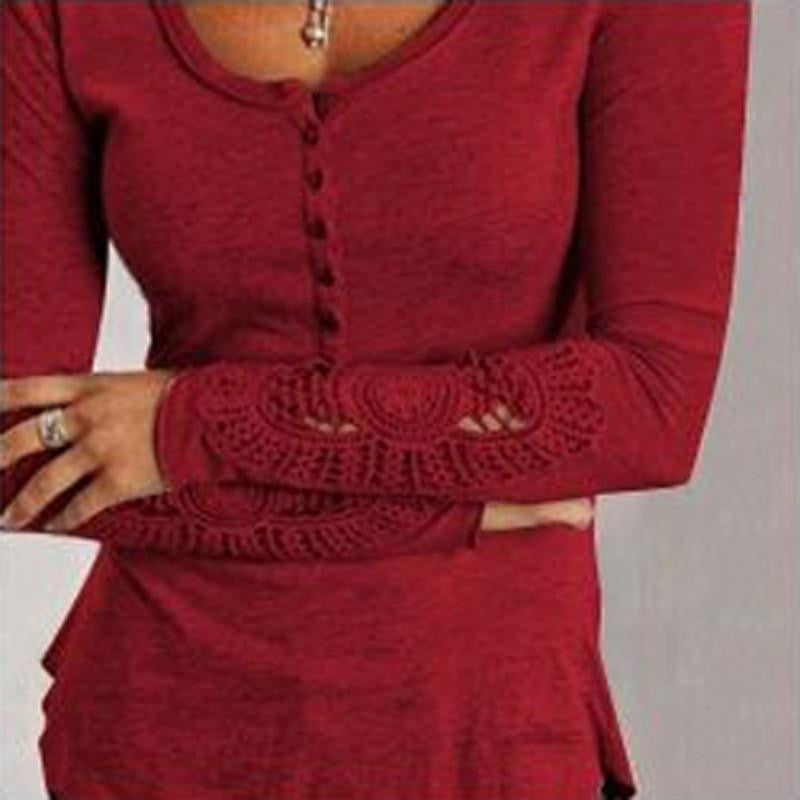 Women Casual Blouses Shirts Ladies Simple Embroidery O Neck Long Sleeve Lace Splice Tee Tops Plus Size