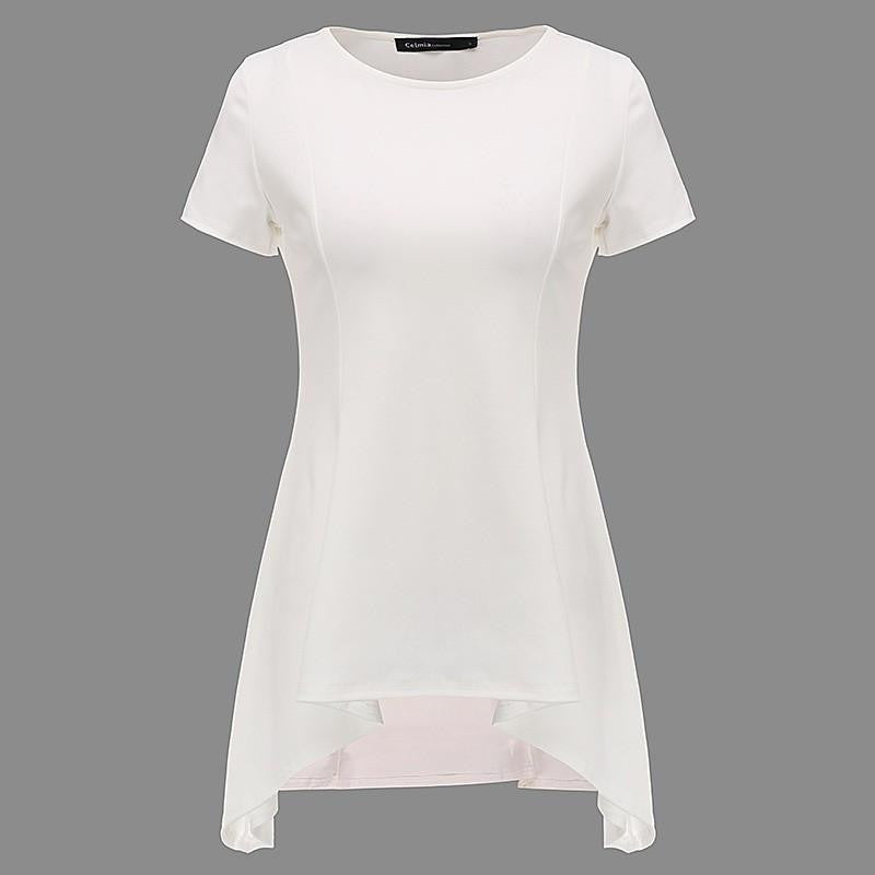 Style Women Blouse Fashion O-neck Short Sleeve Waist Slim Black White Tops Shirts Plus Size S-4XL