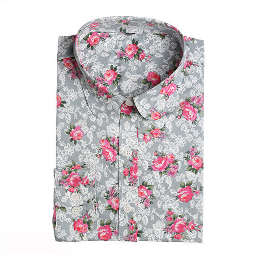 Floral Long SleeveBlouse Cherry Turn Down Collar Shirt Ladies Blouses Womens Tops Fashion