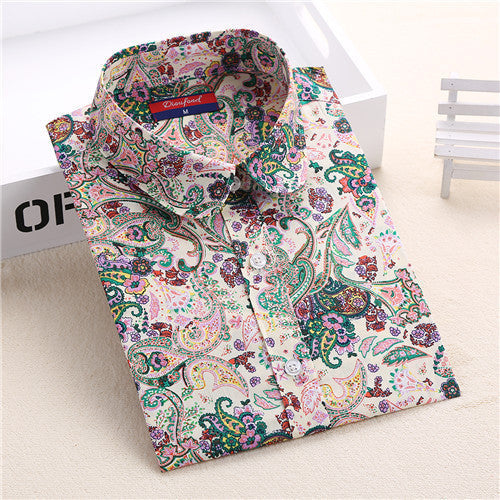 Floral Long SleeveBlouse Cherry Turn Down Collar Shirt Ladies Blouses Womens Tops Fashion