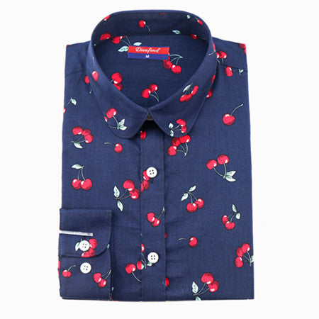 Floral Long SleeveBlouse Cherry Turn Down Collar Shirt Ladies Blouses Womens Tops Fashion