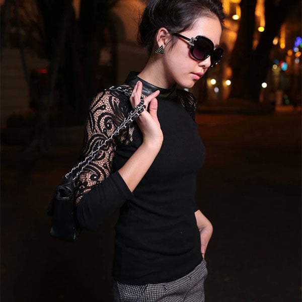 Online discount shop Australia - Lady Women Lace Long Sleeve shirt Slim Knitwear Leather Crew Neck Tops