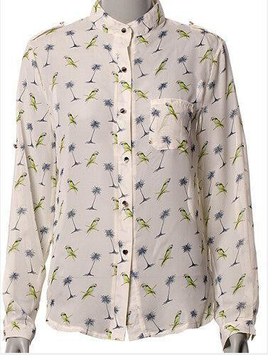Women Long Sleeve Bird Printed Casual Chiffon Shirt Fashion Slim Blouse Shirts For Women