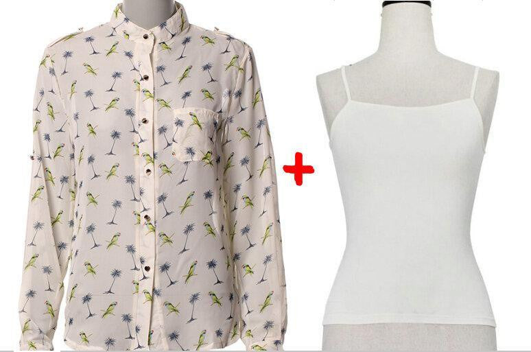 Women Long Sleeve Bird Printed Casual Chiffon Shirt Fashion Slim Blouse Shirts For Women
