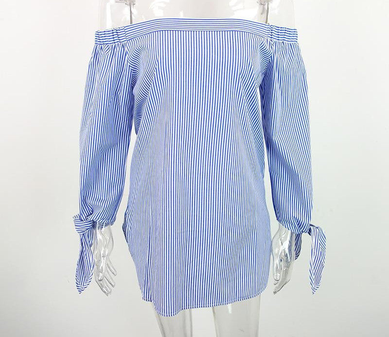 Online discount shop Australia - Elegant bow blue off shoulder female blouse shirt Sexy girls white blouse Women tops striped
