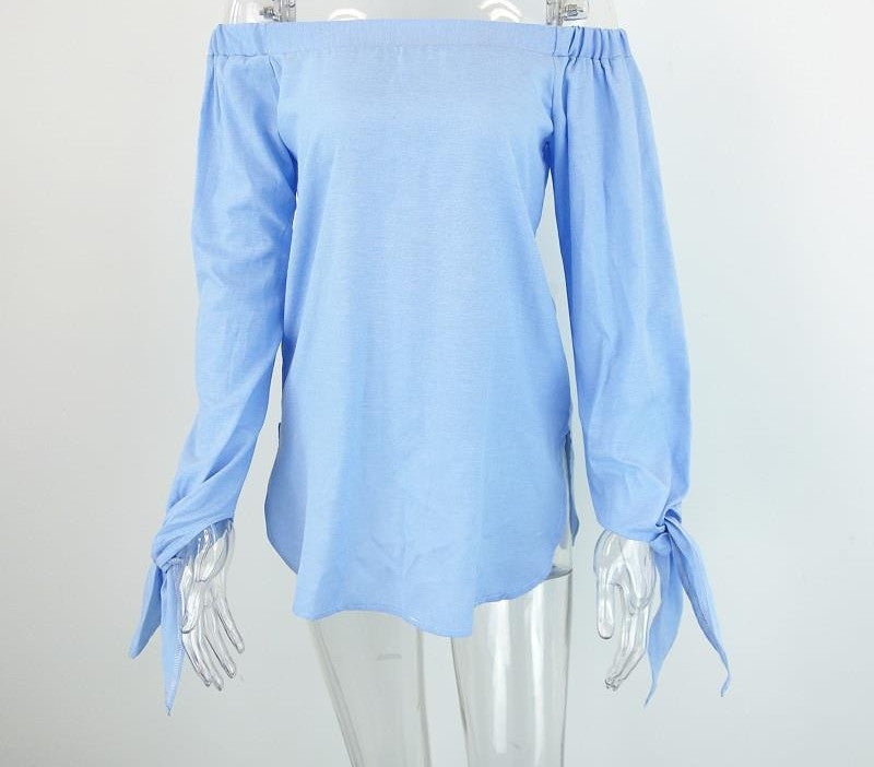 Online discount shop Australia - Elegant bow blue off shoulder female blouse shirt Sexy girls white blouse Women tops striped