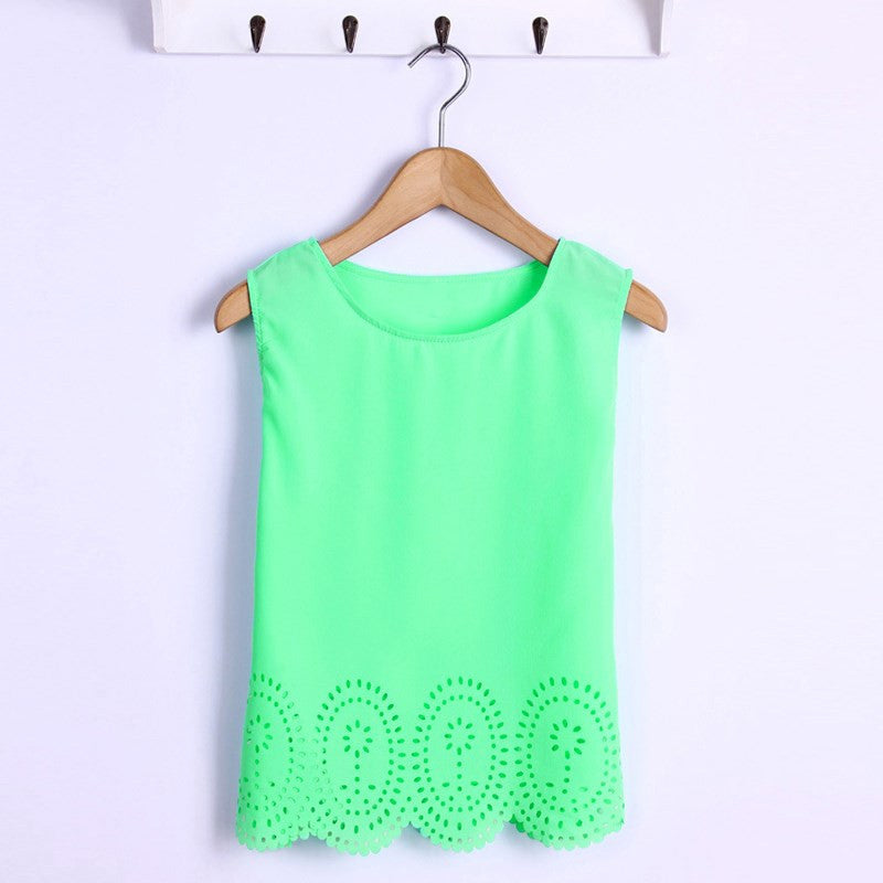 Plus Size 6 Colors Women Cropped Top Chiffon Blouses Tank Sleeveless Hollow Out Shirt Casual