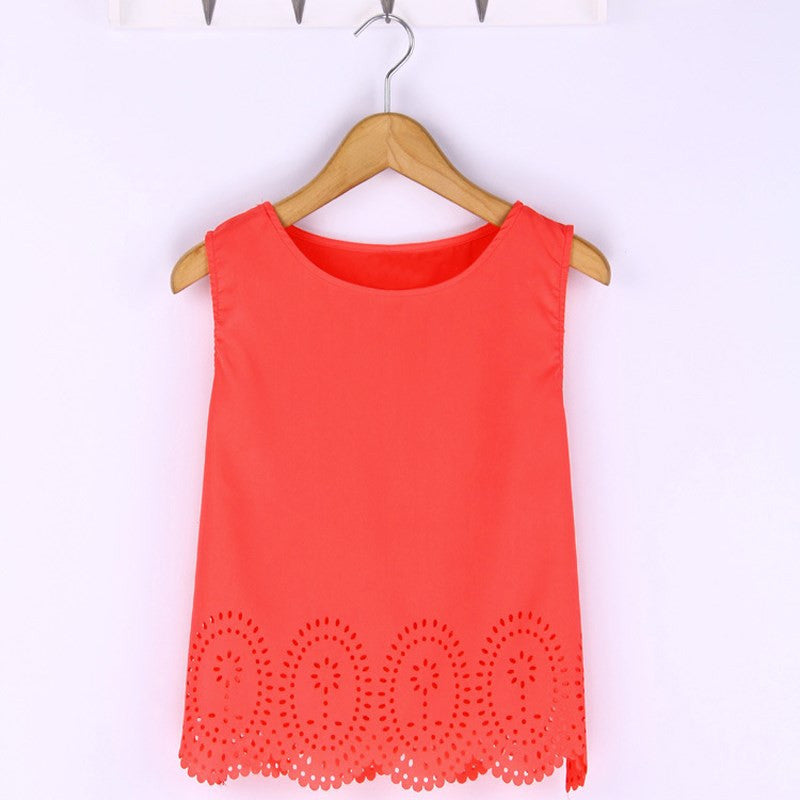 Plus Size 6 Colors Women Cropped Top Chiffon Blouses Tank Sleeveless Hollow Out Shirt Casual