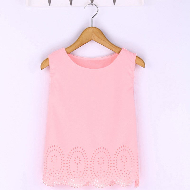 Plus Size 6 Colors Women Cropped Top Chiffon Blouses Tank Sleeveless Hollow Out Shirt Casual