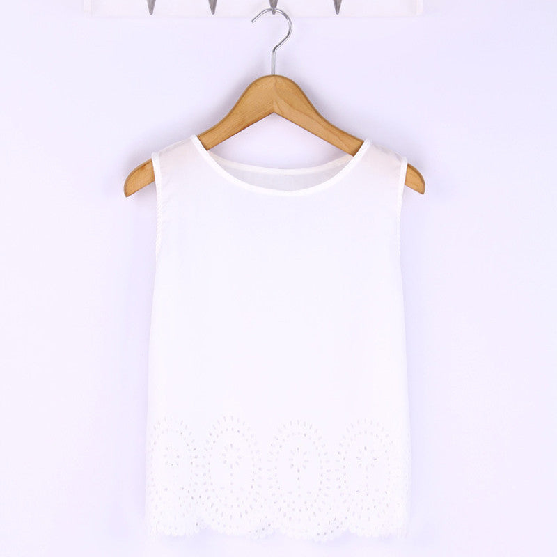 Plus Size 6 Colors Women Cropped Top Chiffon Blouses Tank Sleeveless Hollow Out Shirt Casual