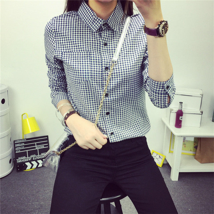Plaid Women Blouse small Casual Lapel Shirt OL Long Sleeve Cotton Shirts Women Classic Grid Shirts Tops Plus size