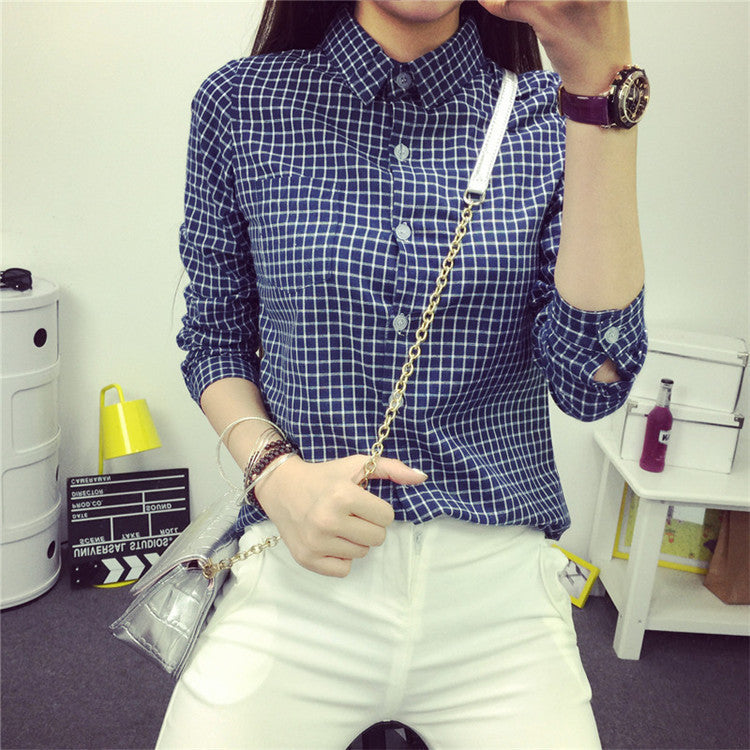 Plaid Women Blouse small Casual Lapel Shirt OL Long Sleeve Cotton Shirts Women Classic Grid Shirts Tops Plus size