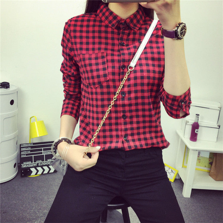 Plaid Women Blouse small Casual Lapel Shirt OL Long Sleeve Cotton Shirts Women Classic Grid Shirts Tops Plus size