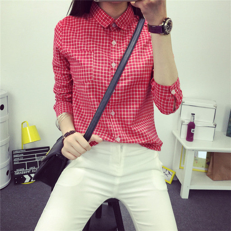 Plaid Women Blouse small Casual Lapel Shirt OL Long Sleeve Cotton Shirts Women Classic Grid Shirts Tops Plus size