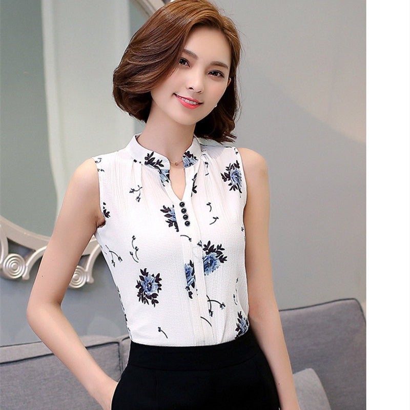Fashion Chiffon Blouse Women Printed Sleeveless Blouse Floral Print Blouses Shirts Office Shirt