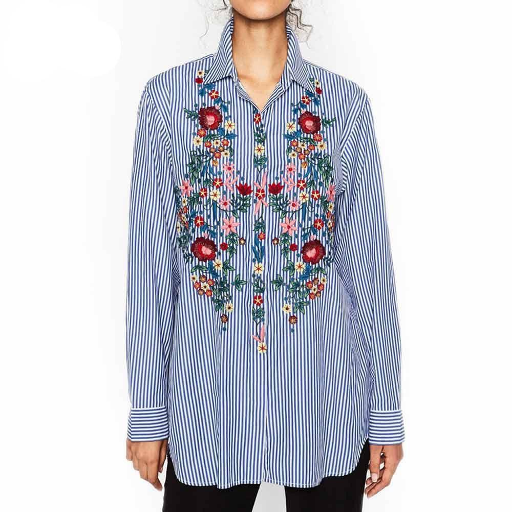 Striped Flower Embroidery Blouses Cute ZA Turn-down Collar Blouse Trendy Women Long Sleeve Casual HI-LO Side Split Shirt Top