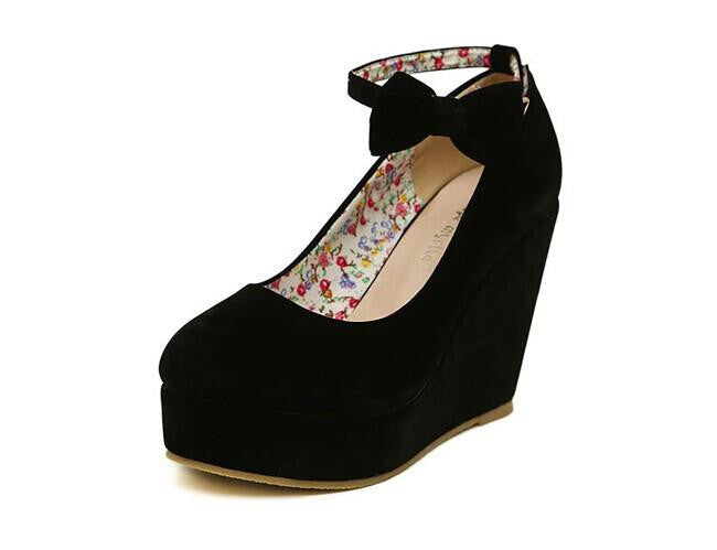 Women Fashion Buckle Ladies Shoes Wedges High Heels Platform black bow Pumps