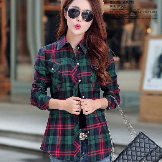 women's casual warm wool shirts blouse / Women's long sleeve plus velvet plaid shirt