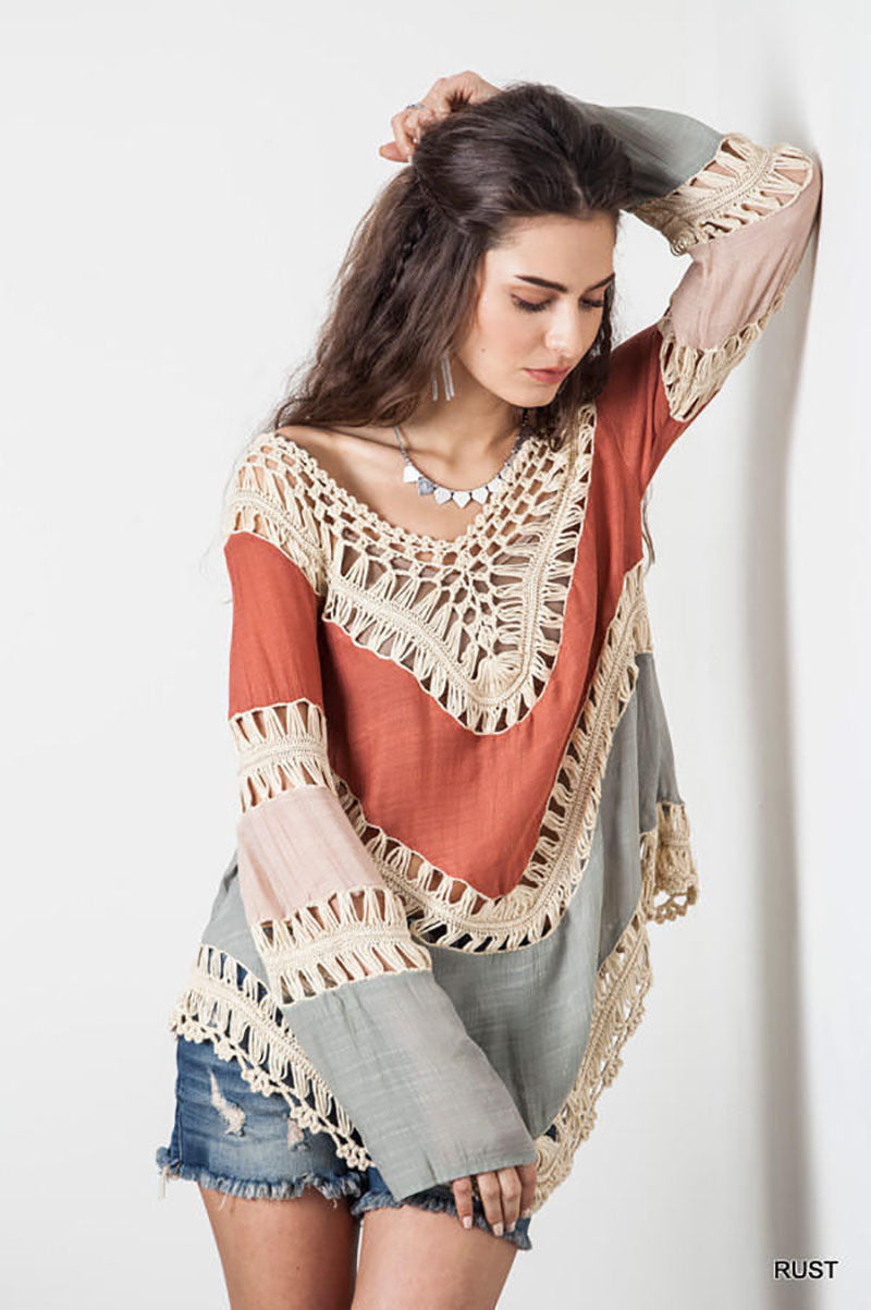 Online discount shop Australia - Bohemian Lace crochet t-shirts for women long flare sleeve splice fashion t shirt vintage handmade knitted female t-shirt