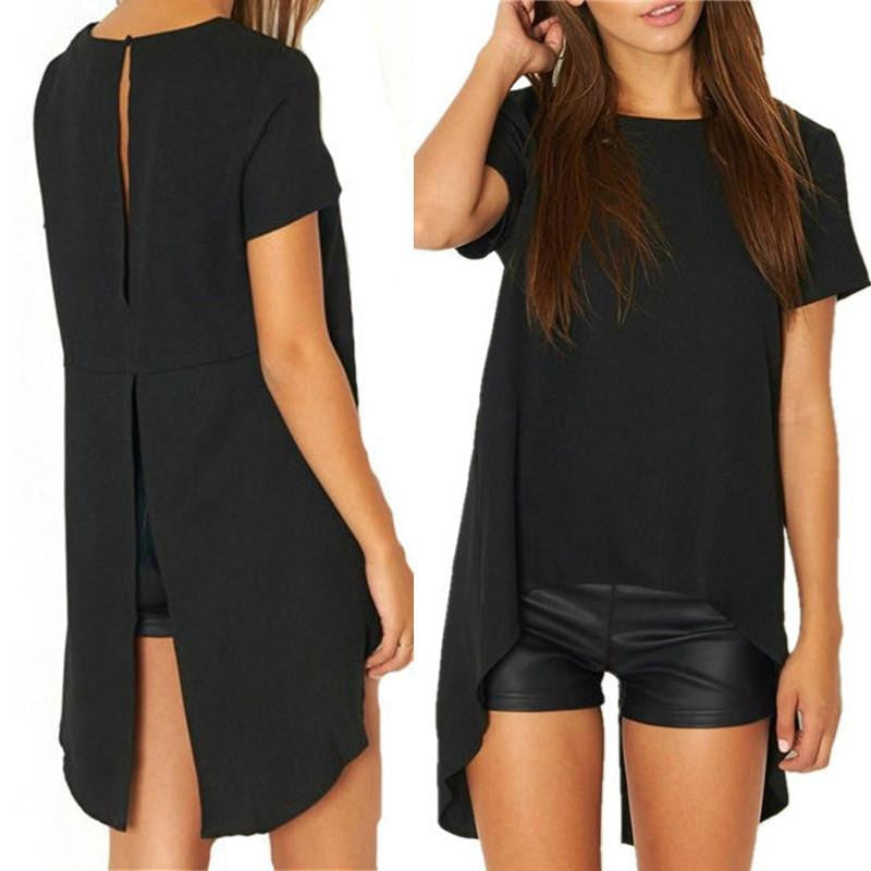 Women Blouse Chiffon Split Backless Short Sleeve Casual Blouse Loose Irregular Hem Tops Plus Size