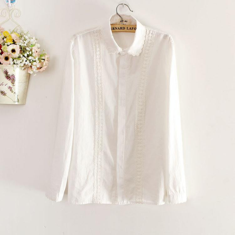 White Blouse Women Work Wear Button Up Lace Turn Down Collar Long Sleeve Cotton Top Shirt Plus Size S-XXL T56302