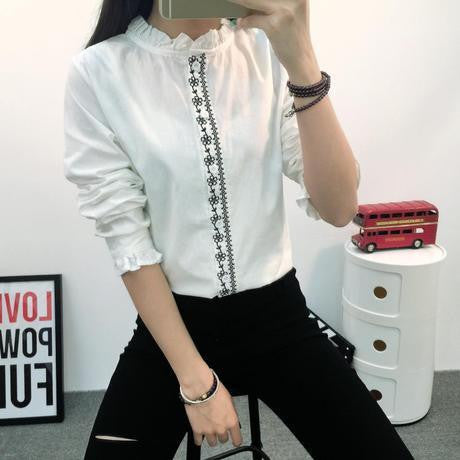 White Blouse Women Work Wear Button Up Lace Turn Down Collar Long Sleeve Cotton Top Shirt Plus Size S-XXL T56302