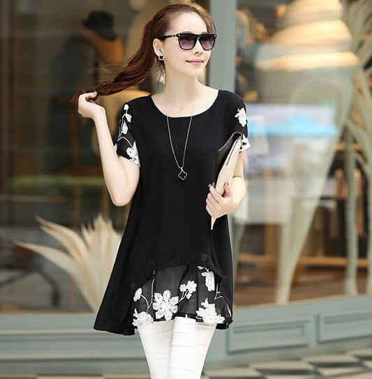 Online discount shop Australia - 300 Good Feedback S-5XL Plus Size Women Blouse Style Long Shirt Chiffon Lace Embroidery Loose Tops Short Sleeve T5418