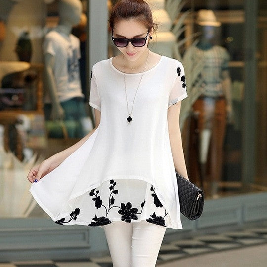 Online discount shop Australia - 300 Good Feedback S-5XL Plus Size Women Blouse Style Long Shirt Chiffon Lace Embroidery Loose Tops Short Sleeve T5418