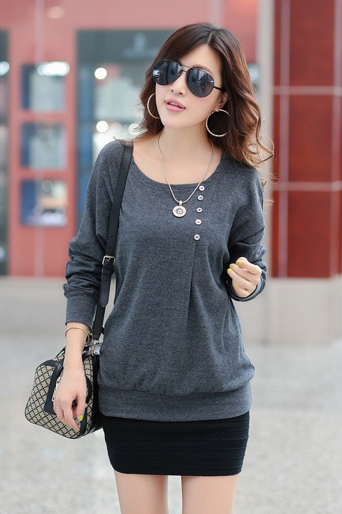 Online discount shop Australia - Blouse Women blouses Top With Buttons Long Sleeve O-neck Cotton Loose Shirt Batwing Sleeve Plus Size XXL 2XL