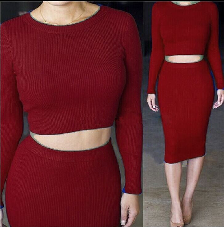 Online discount shop Australia - 2 Pcs Women Sets Long Sleeve Midi Pencil Bodycon Vestidos Casual Office Clothing Elegant Slim Bandage Dresses