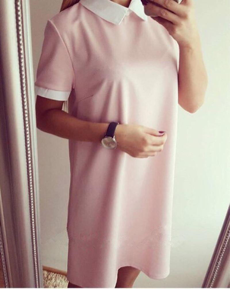 Women Mini Dresss Short Sleeve Vestido Turn-down Collar Casual Dress