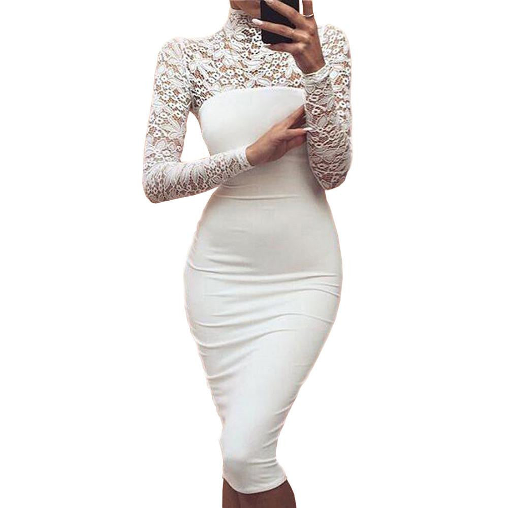 Turtleneck Long Sleeve Lace Midi Club Bandage Bodycon Dress Autumn White Red Black Women Elastic Elegant Party Dresses