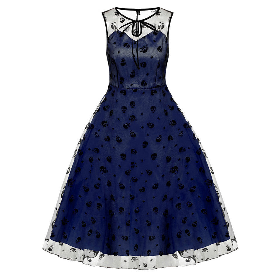 Retro Women Vintage Style Sleeveless Mesh Embroidery Long Cocktail Party Dress Flower Skull Ball Grown