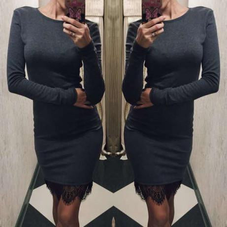 Women casual Elegant lace solid bodycon dress Christmas evening party long sleeve winter dress LX067