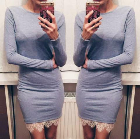 Women casual Elegant lace solid bodycon dress Christmas evening party long sleeve winter dress LX067